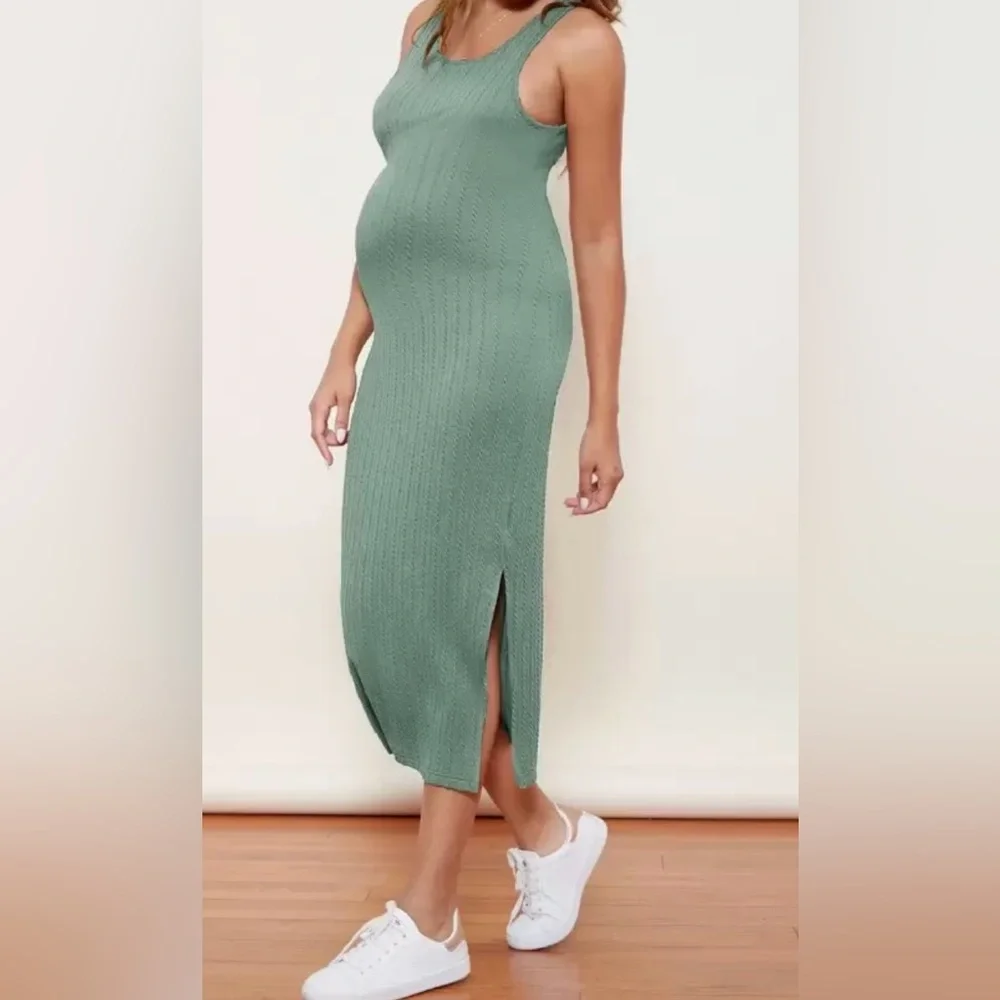 Sleeveless Green Ribbed Knit Maternity Dress - Picture 3 of 6